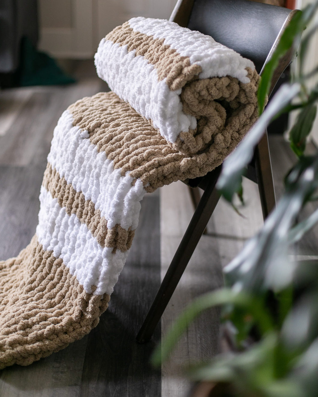 Chunky Knit Beige and White Striped Blanket